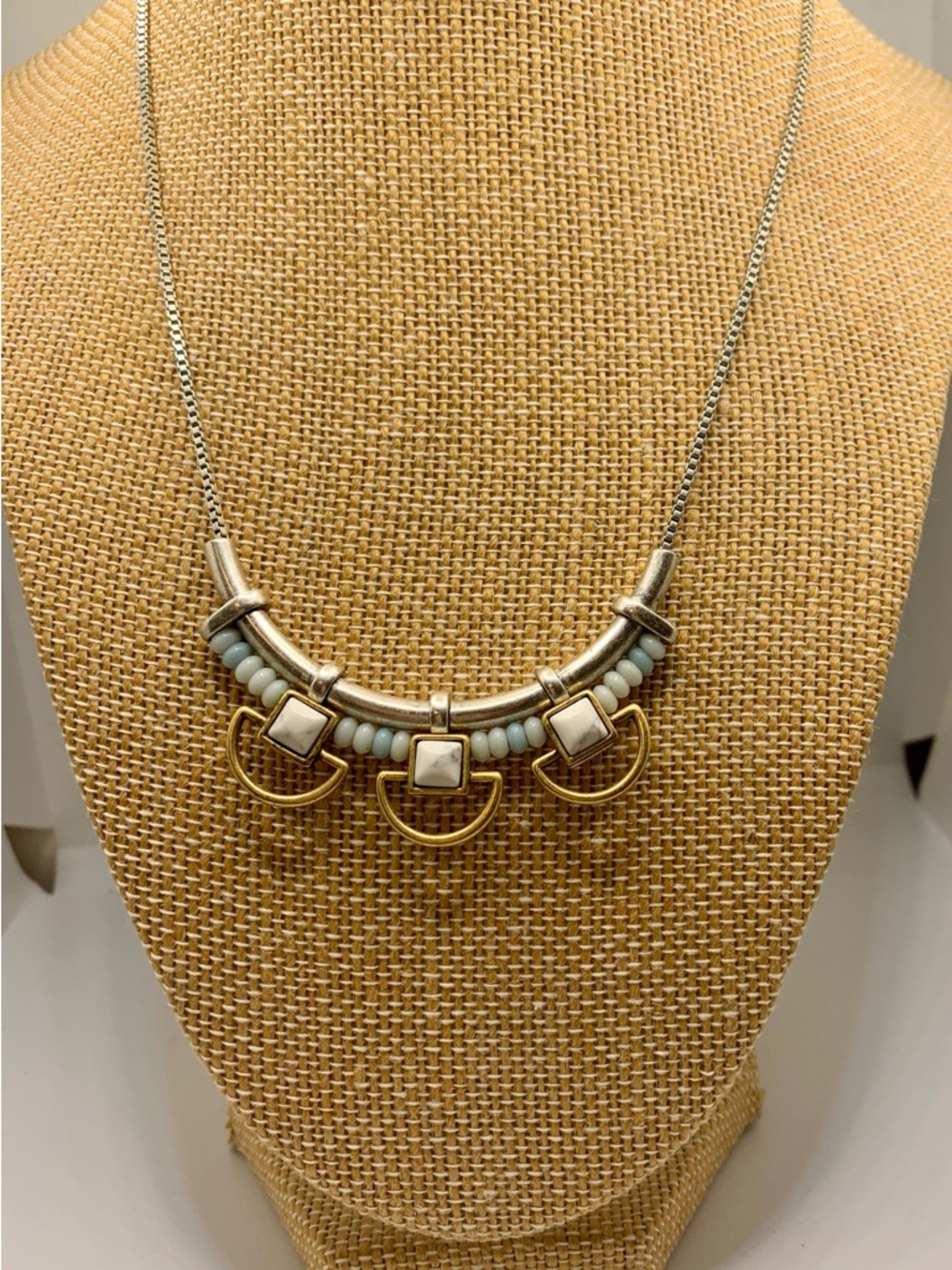 Stella & Dot WandererGold and Silver Beaded Necklace with Pale Aqua